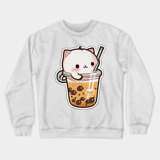 Cute Cat Drinking Bubble Tea Cartoon Boba Drawing Crewneck Sweatshirt